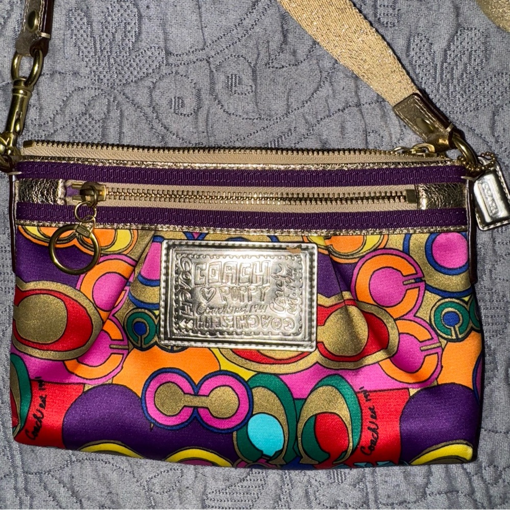 Rare Coach Poppy Crossbody Satin Bag Gold Multicolor Spring Summer handbag - Picture 2 of 9